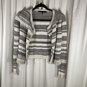 WHBM Women’s Small Open Cardigan Mixed Stitch Fringe Striped Sparkle Grey White